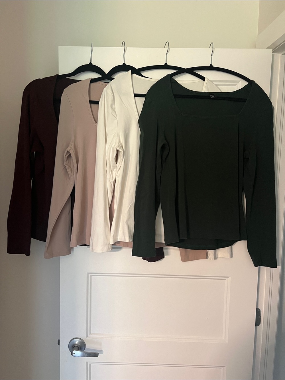 SHEIN Long Sleeve Scoop Neck Tops - Forest Green, White, Brown and Beige.